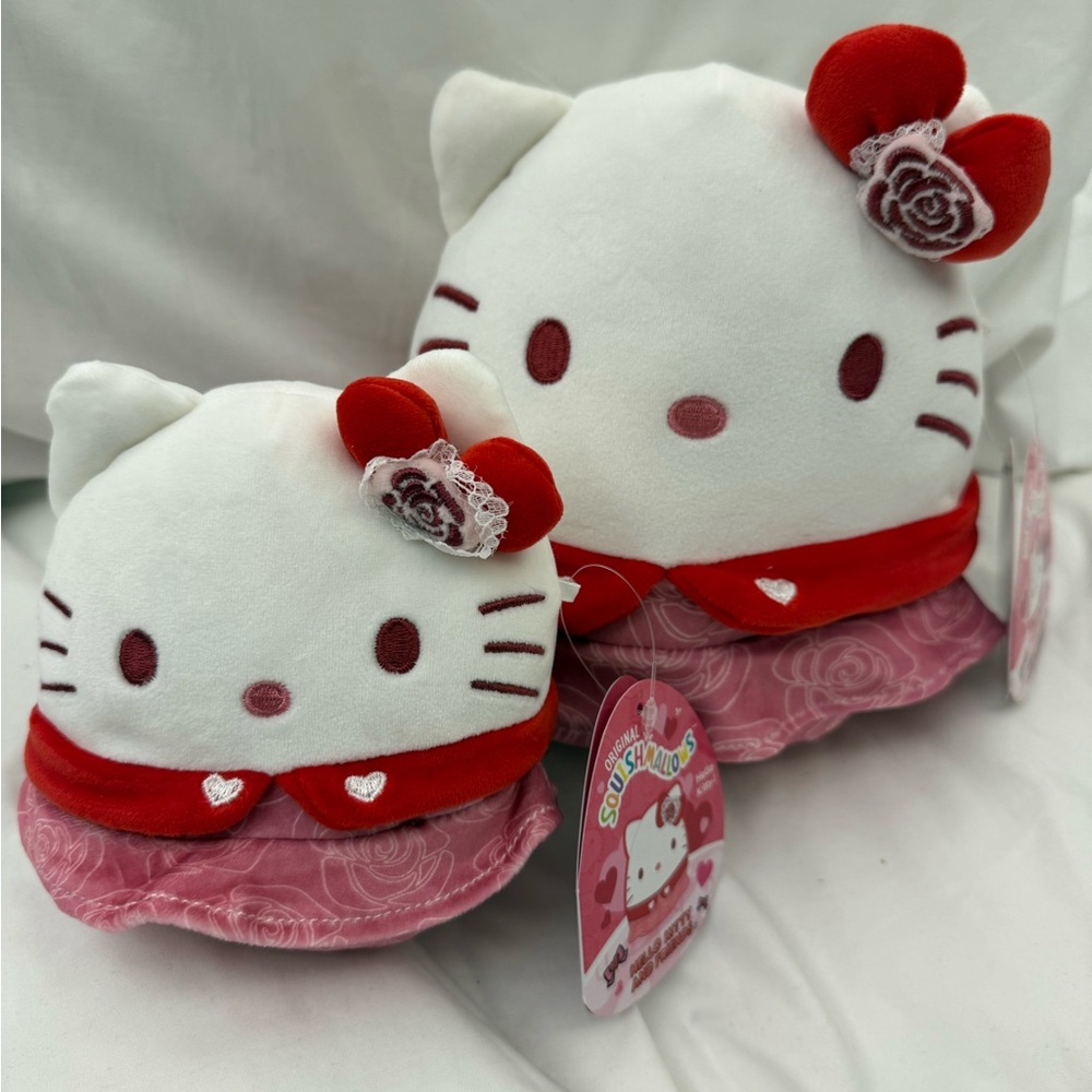 (2) NEW Squishmallows 5” + 8” Inch Valentine’s Day Hello Kitty W/ Rose Bow Dress